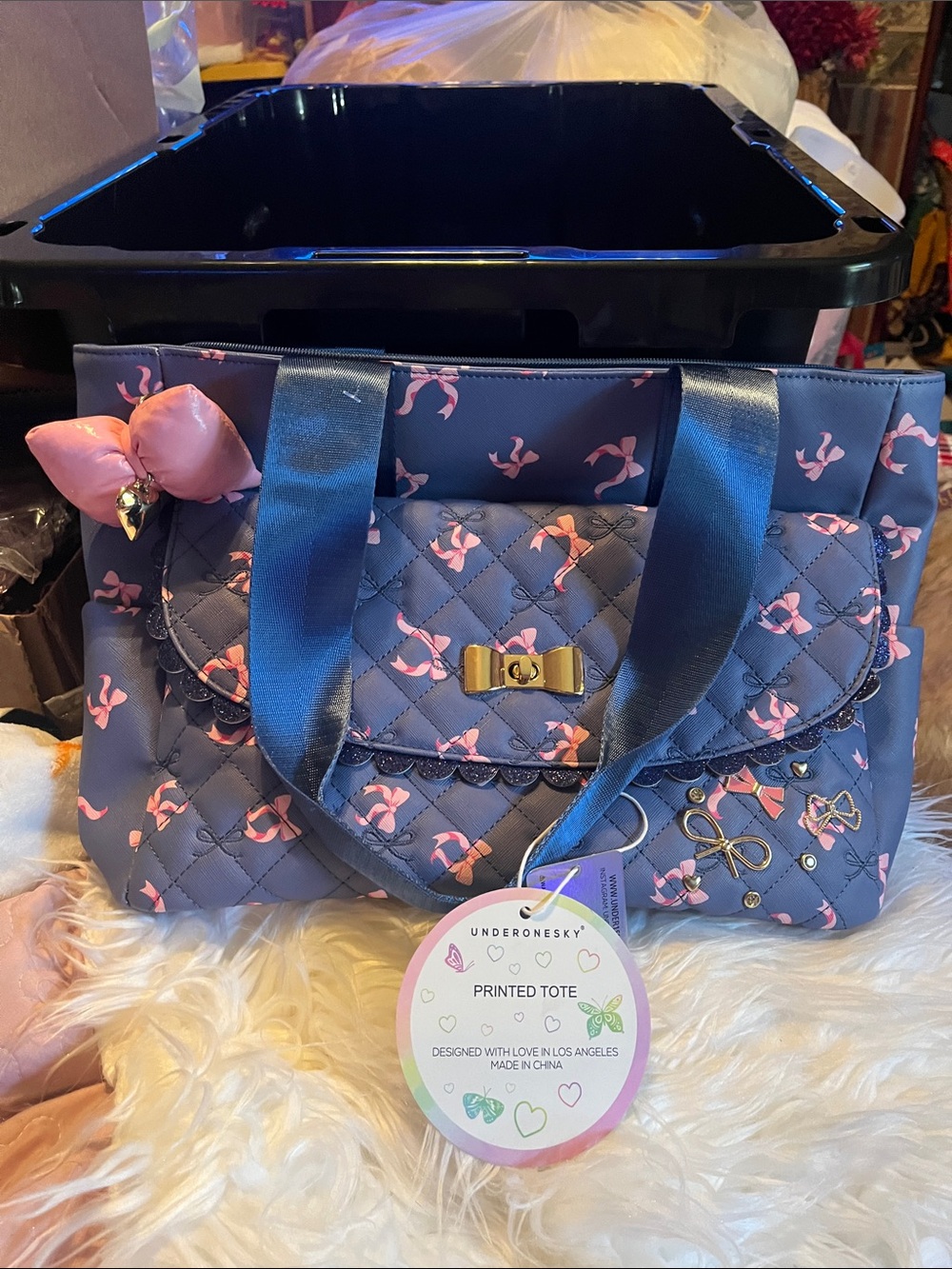 Under One Sky Navy Quilted Floral Tote with Pink Accents